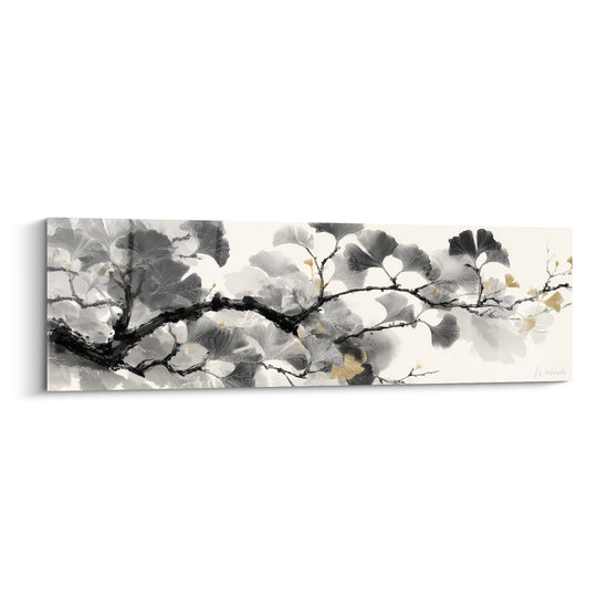 Schilderij Tak Ginko Zwart en Grijs met Gouden Accent - Japanse Serene - Editie Ginkgo