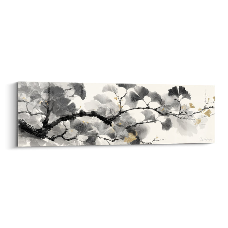Ginkgo-Zweig-Gemälde Schwarz und Grau mit Goldakzenten - Japanische Gelassenheit - Ginkgo Edition