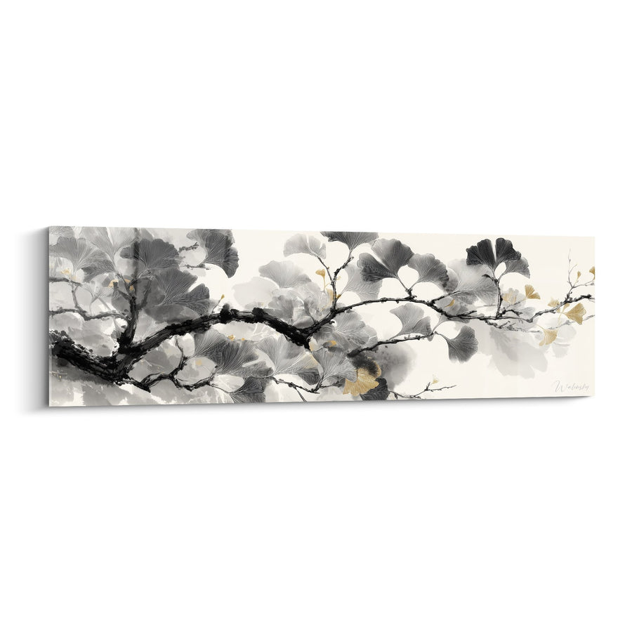 Tableau Branche de Ginkgo Noir et Gris avec Touches Dorées - Sérénité Japonaise - Edition Ginkgo