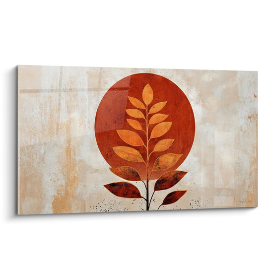 Tableau moderne branche orange stylisee cercle terracotta fond beige texture patinee feng shui centre terre