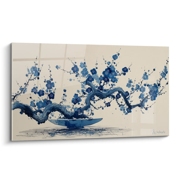 Plum Blossom Branch with Blue Flowers on Beige Background Artwork - Oriental Elegance - Ikebana Edition