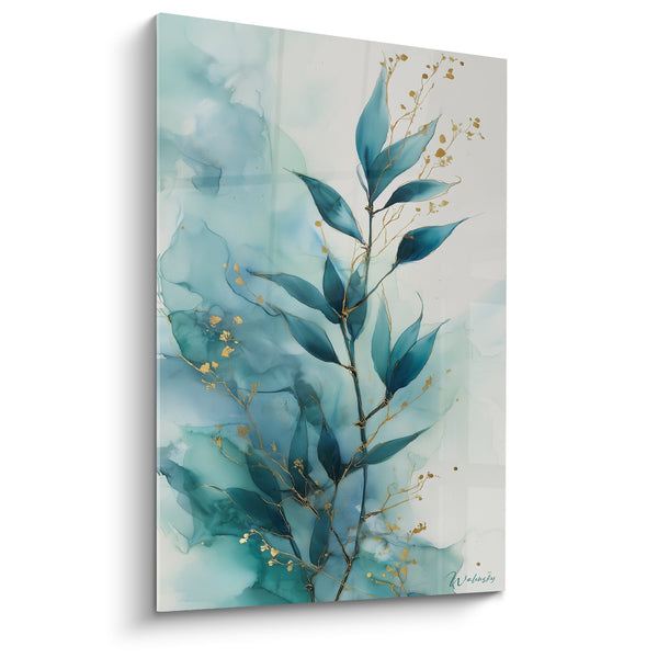 Schilderij met blauwe en gouden takken op een aquarelachtergrond - Plantaardige harmonie - Feng Shui Noord Water editie