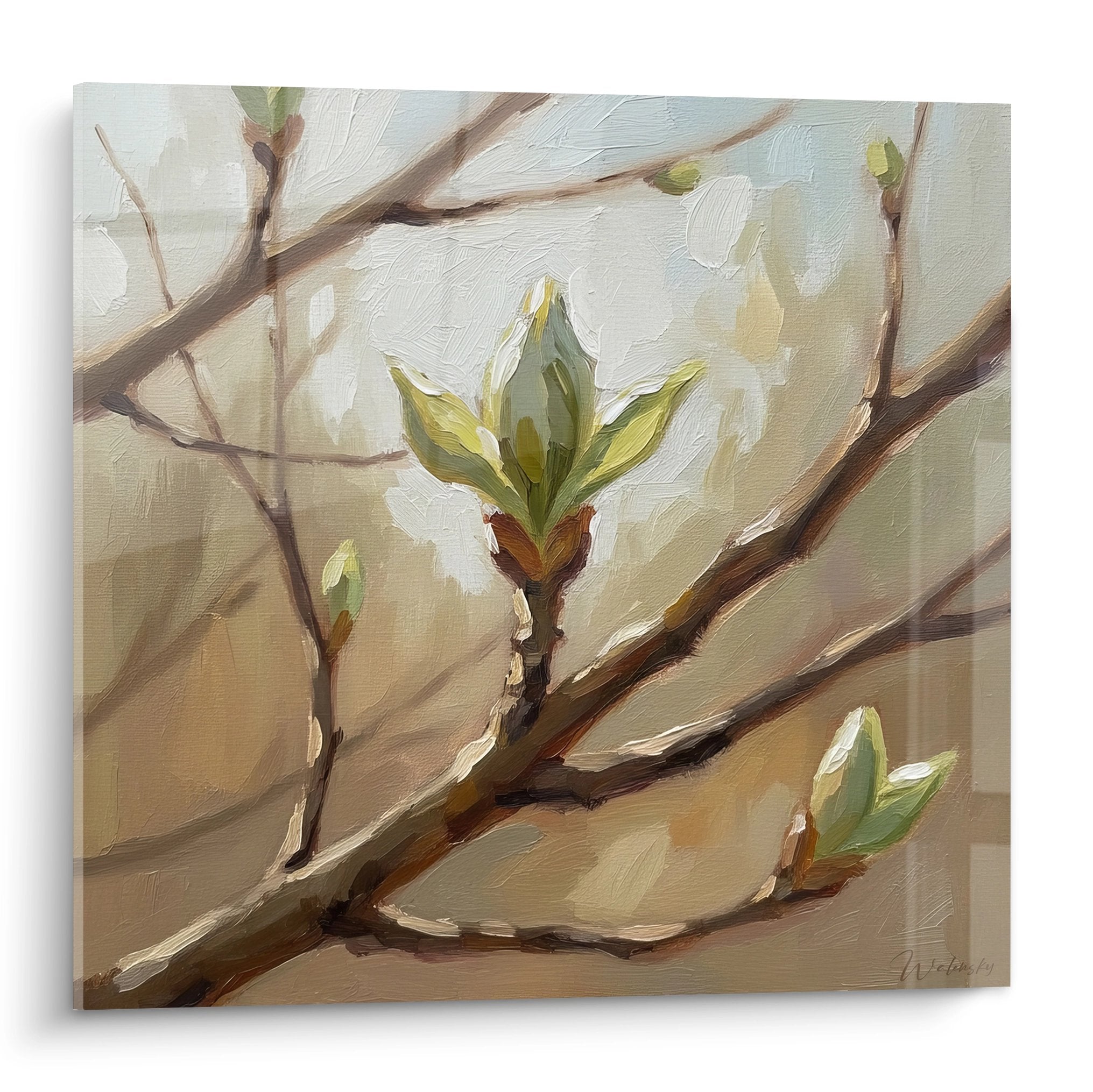 Tableau peinture branches bourgeons verts tons beiges style japandi decoration murale naturelle
