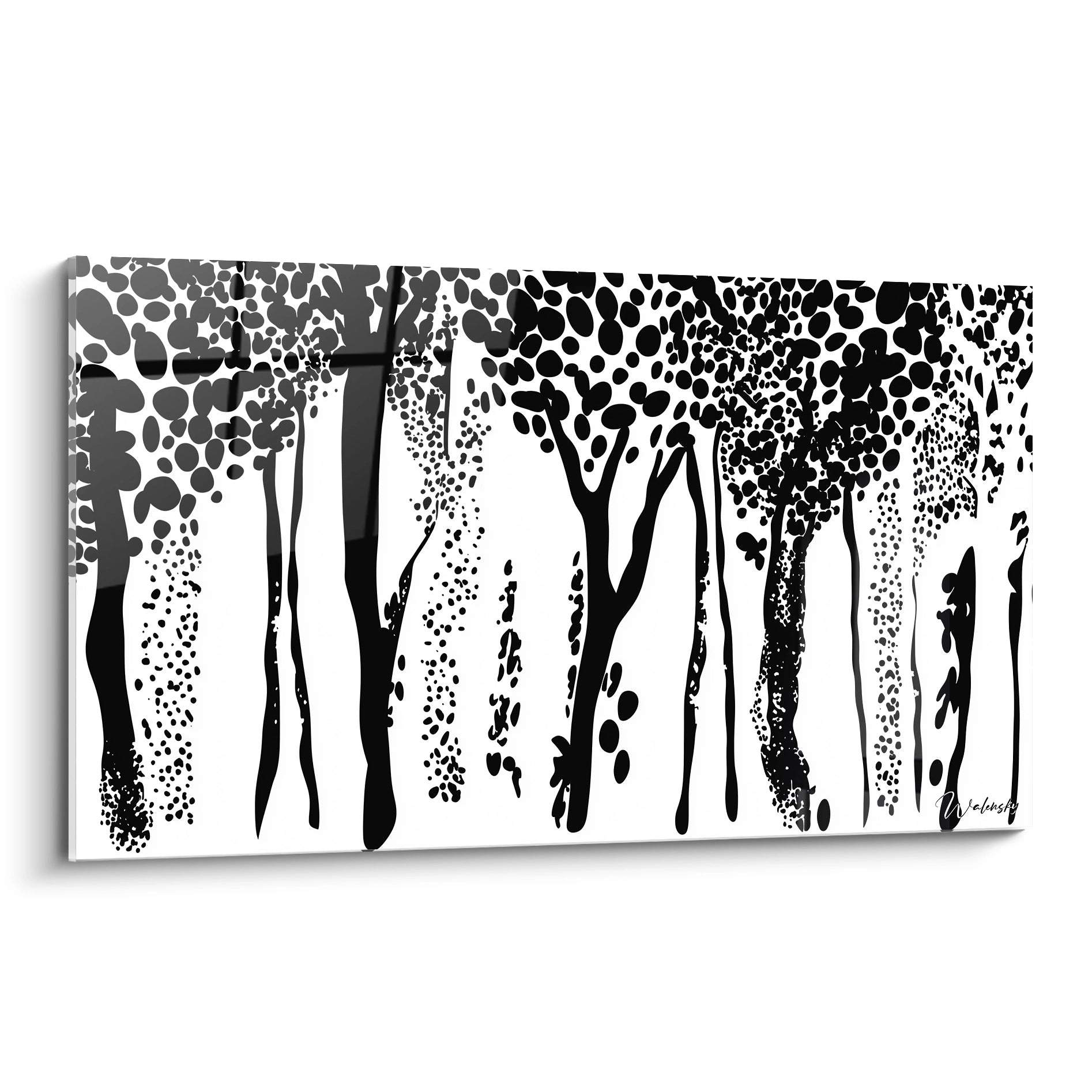 Tableau tacheté noir et blanc de Walensky représentant des arbres stylisés