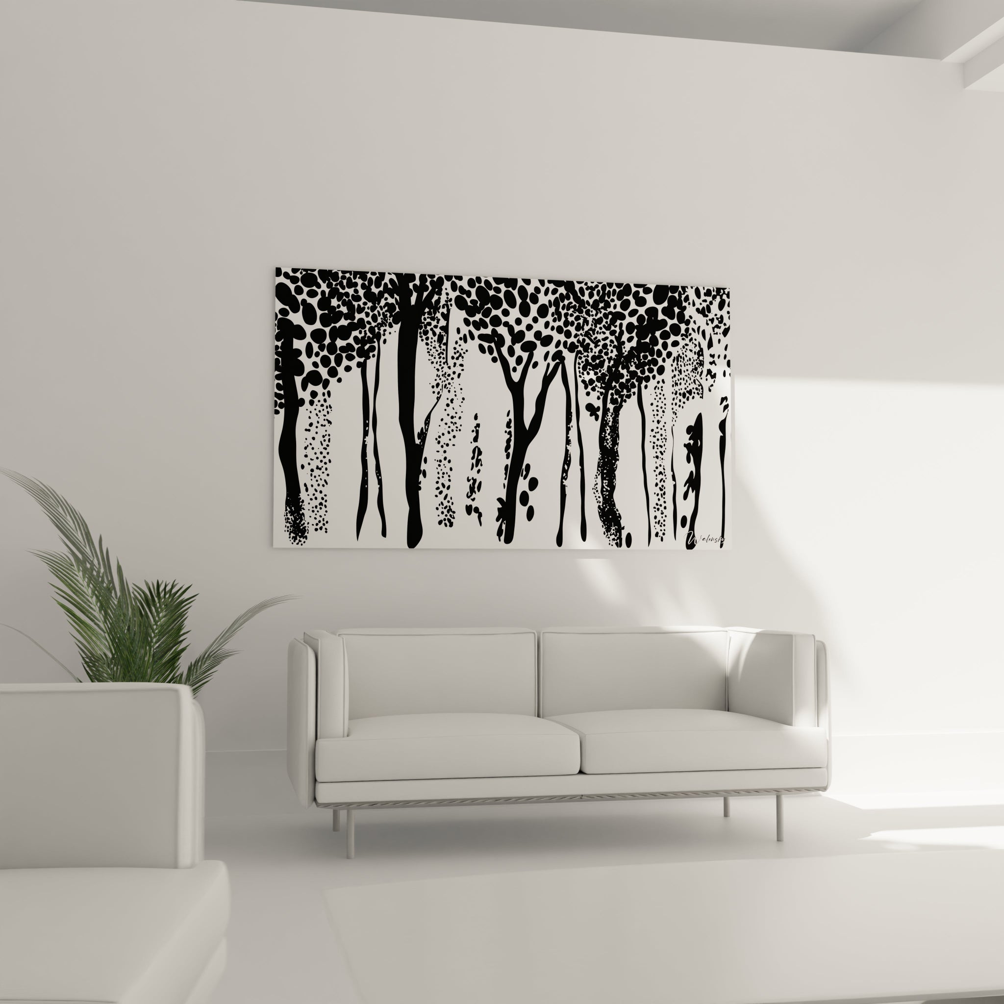 Tableau tacheté noir et blanc de Walensky représentant des arbres modernes sur un mur blanc