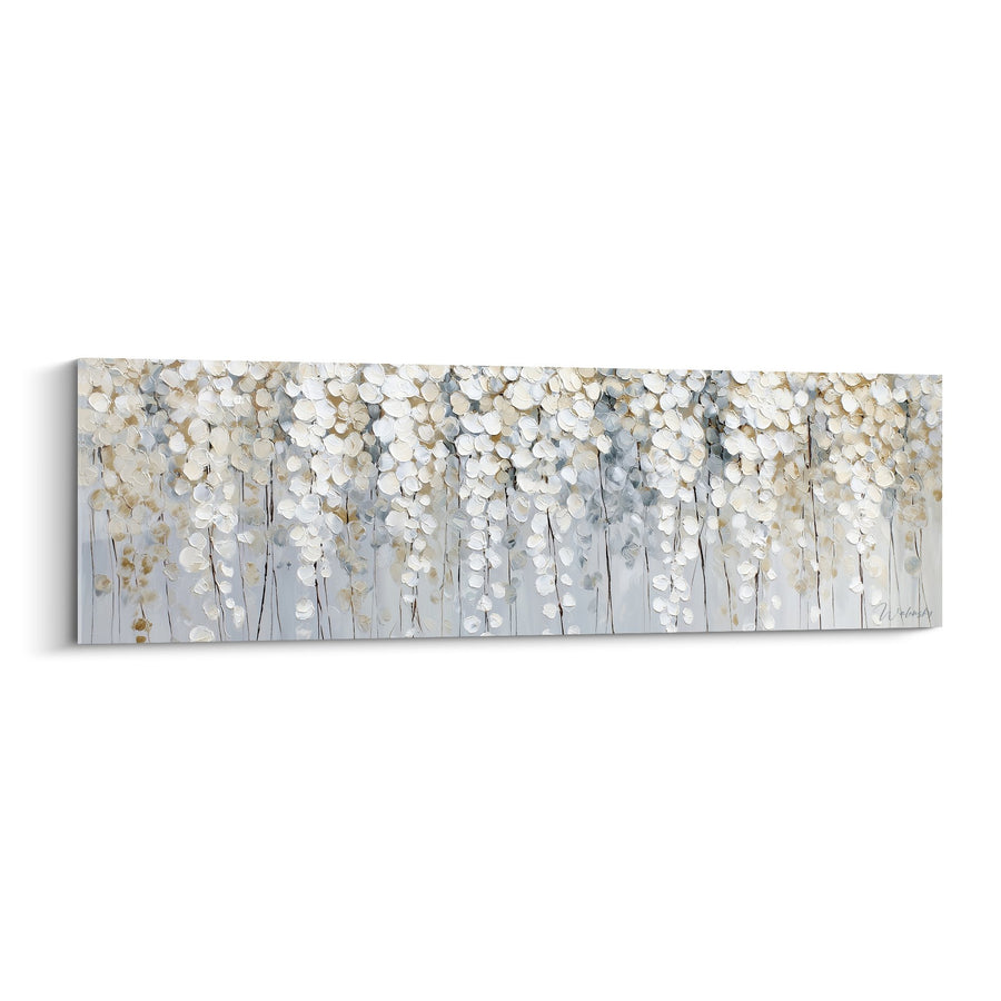 Tableau Branches Fleuries Blanches et Dorées sur Fond Gris Perle - Élégance Naturelle - Edition Feng shui Ouest Métal