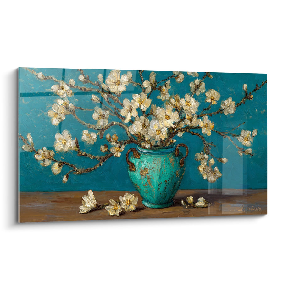 Schilderij Vertakte Bloemen Vaas Turquoise - Zen Harmonie - Editie Ikebana