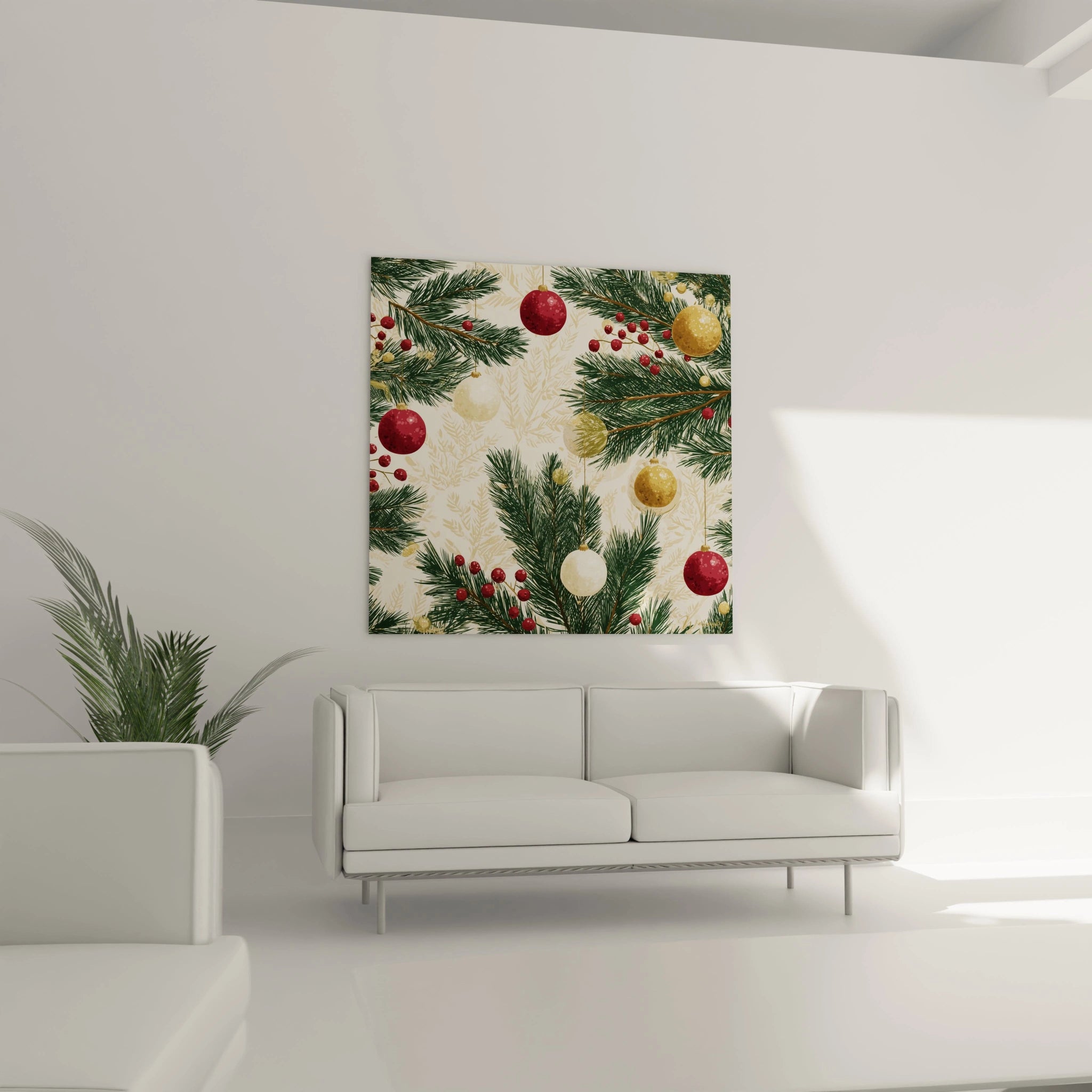 Tableau mural sapin de Noël avec des décorations rouges et dorées sur un fond clair