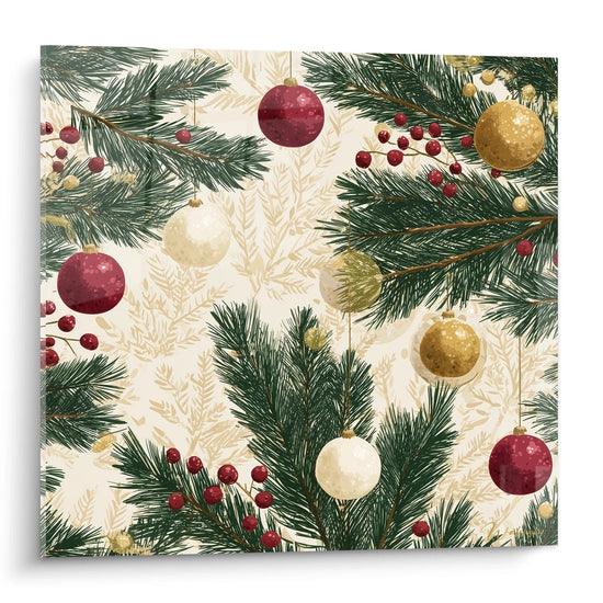 Quadro albero di Natale con decorazioni dorate e rosse su fondo crema