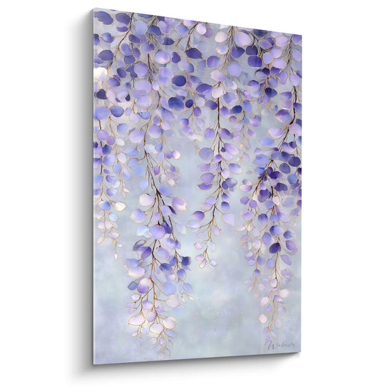 tableau branches fleuries violettes et dorees en cascade sur fond gris perle style feng shui