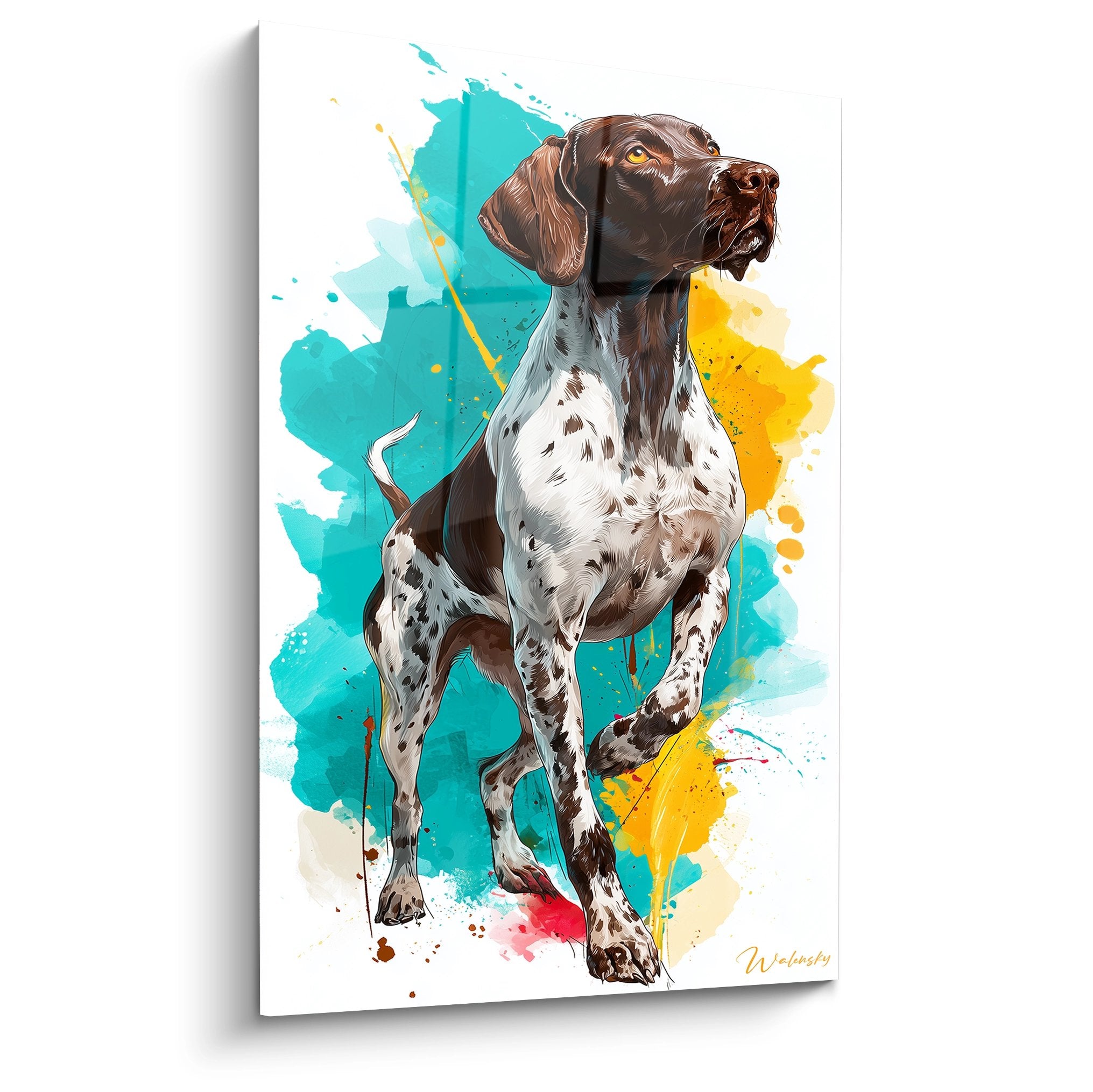 Tableau moderne Braque Allemand taches brunes sur fond aquarelle turquoise et jaune style artistique contemporain