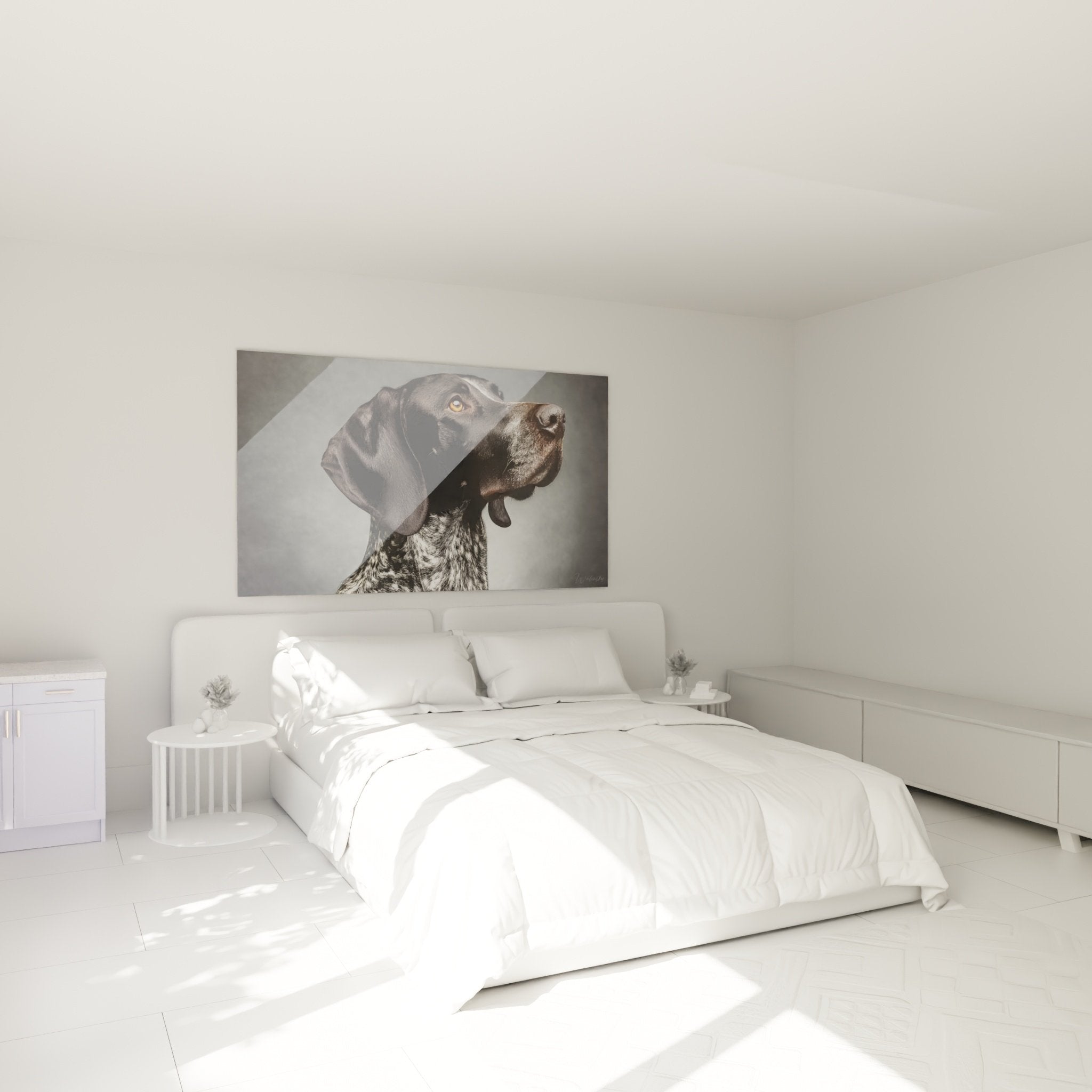 Tableau portrait chien Braque Allemand dans chambre moderne decoration murale elegante noir blanc dore