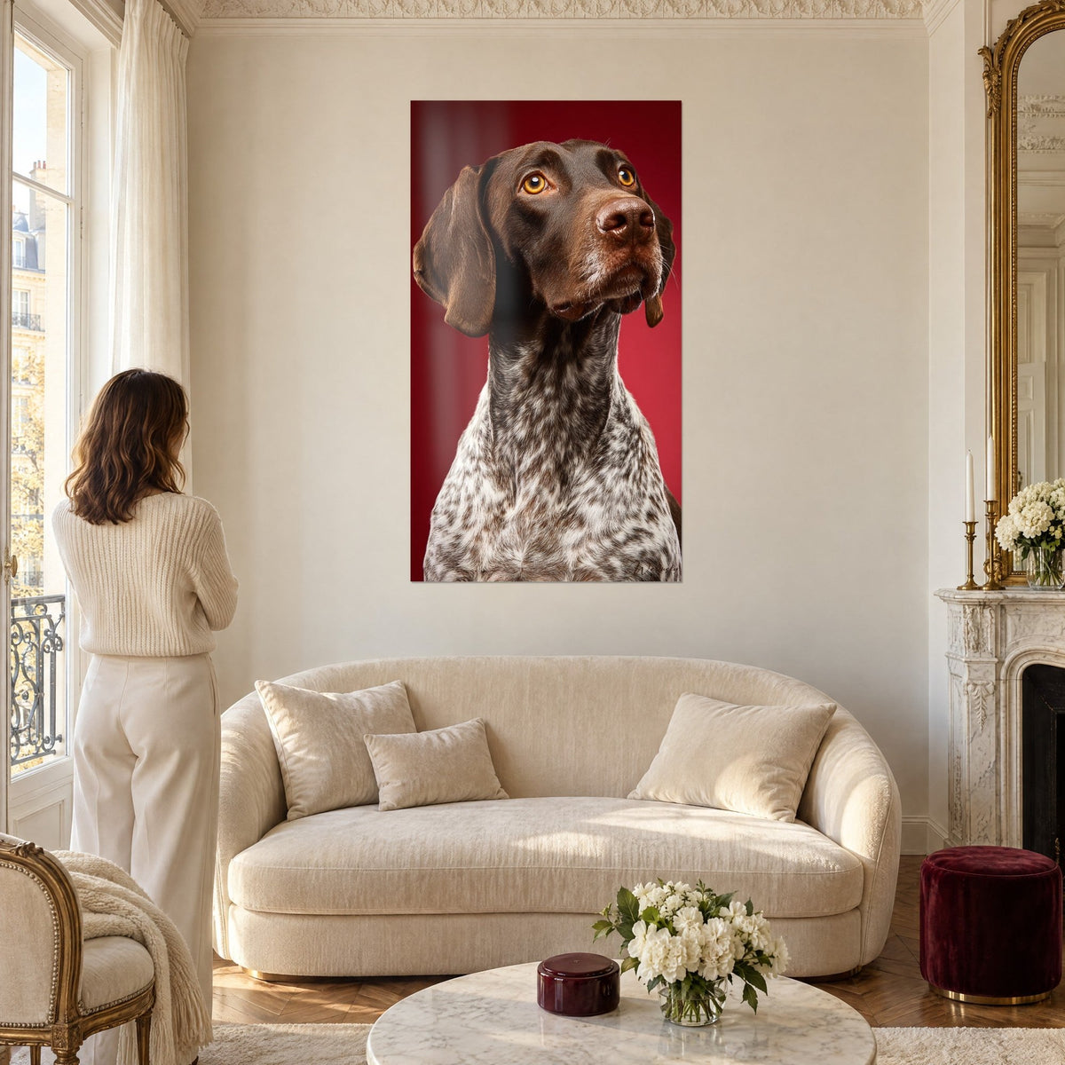 Wall art German Shorthaired Pointer with amber eyes, brown muzzle raised against a carmine red background, woman seen from behind, above a sofa in a bright living room