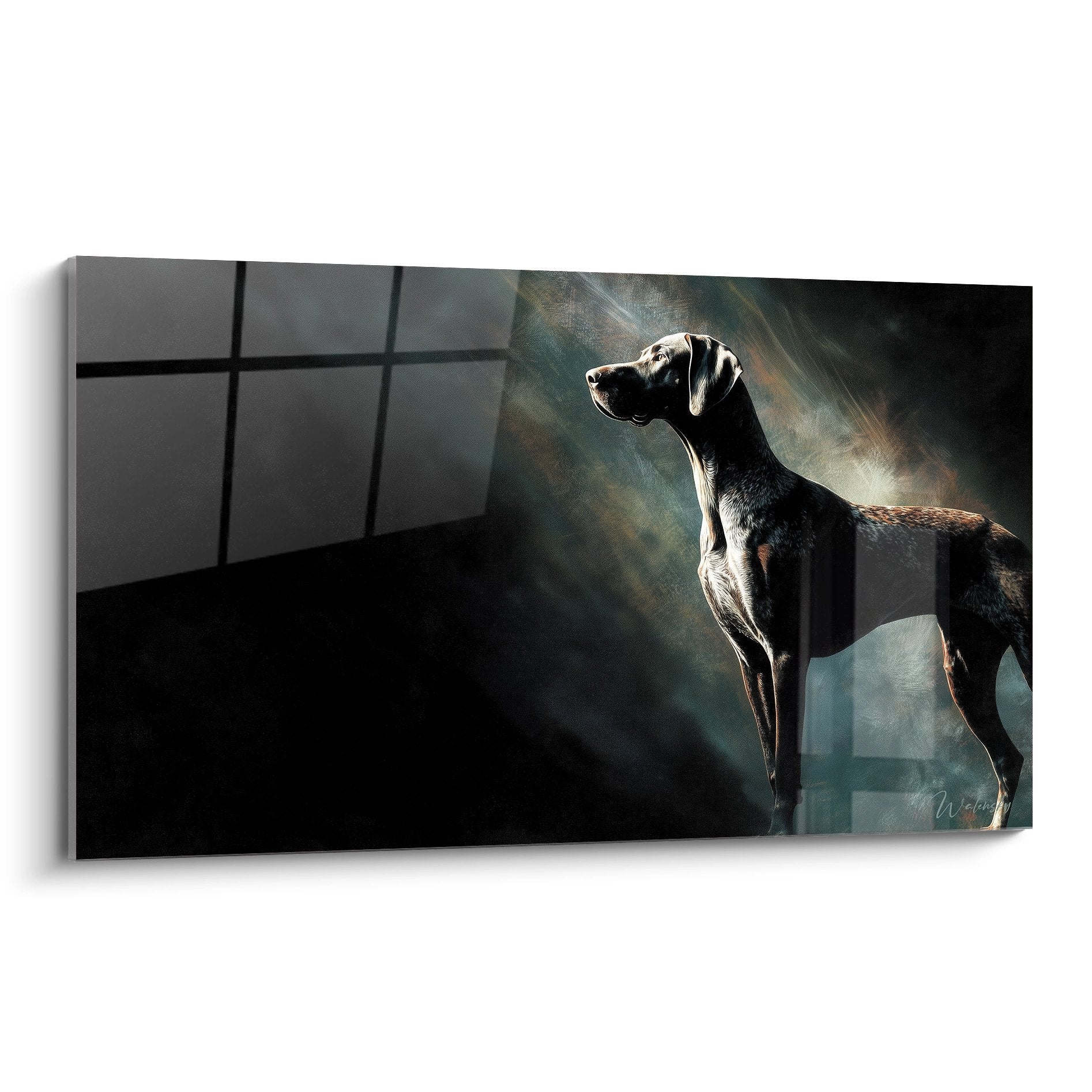 Tableau braque allemand contemplatif baigné de rayons dorés sur fond sombre artistique