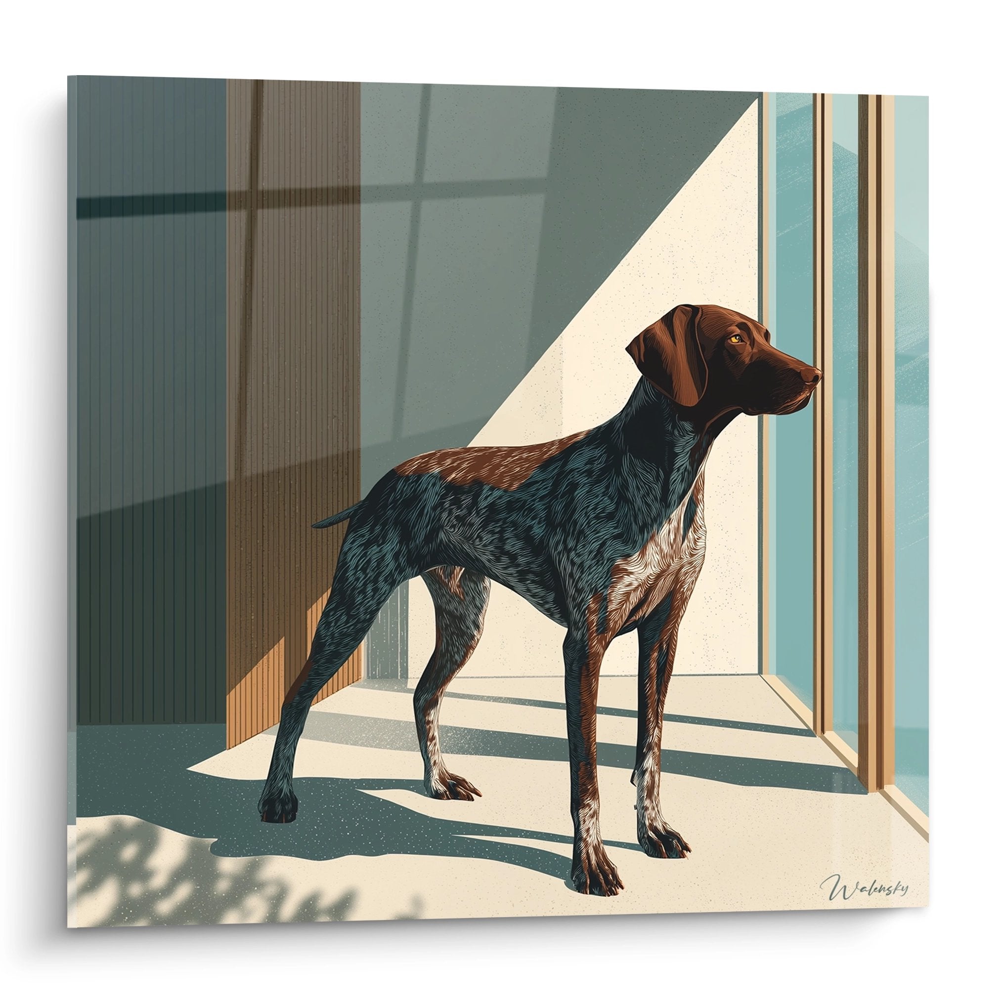 Tableau moderne Braque Allemand en profil dans décor contemporain tons verts beiges