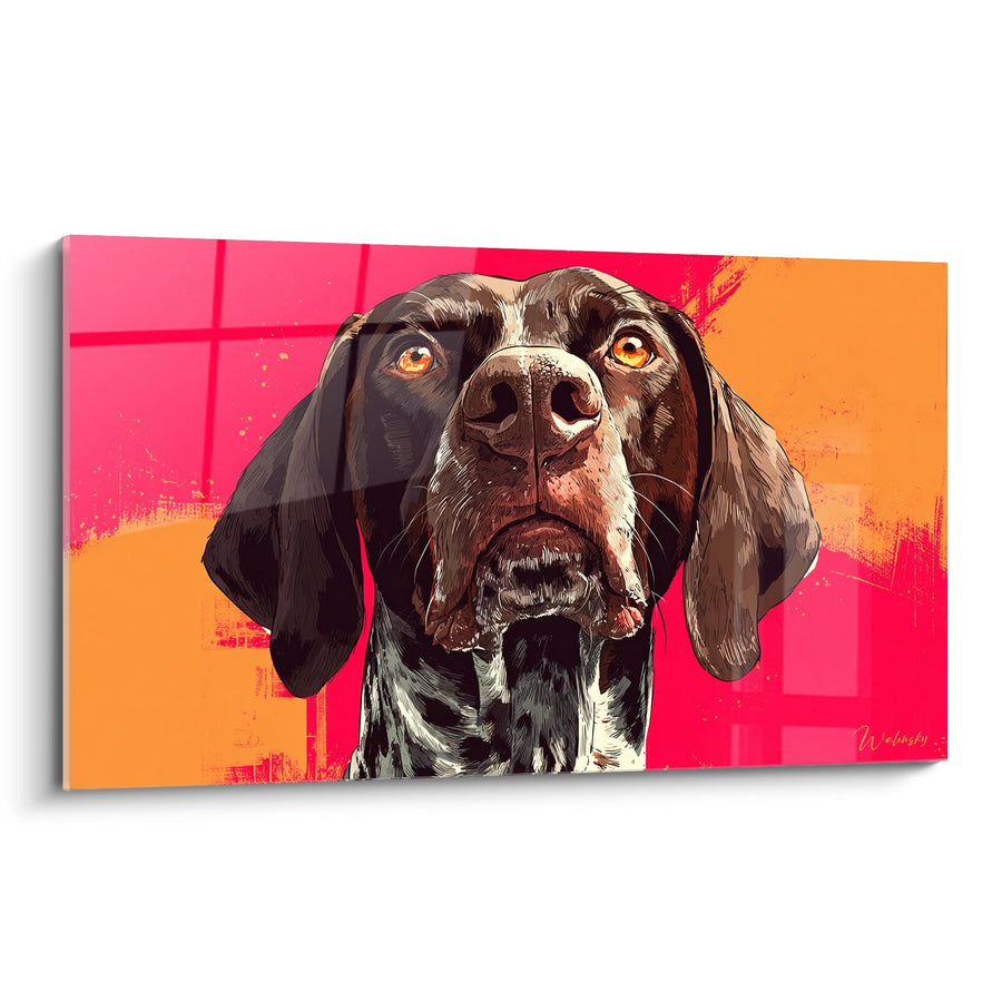 Tableau Chien Braque aux Yeux Ambrés sur Fond Rose et Orange - Portrait Contemporain - Edition Braque Allemand