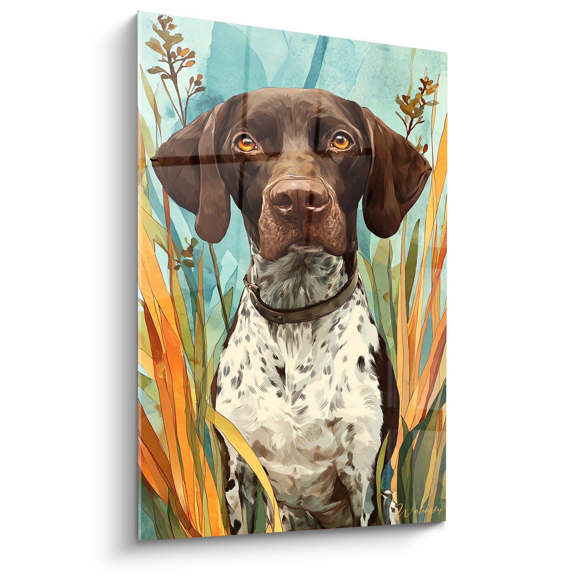 Portrait artistique Braque Allemand yeux ambrés feuillage tropical turquoise orangé tableau mural décoratif