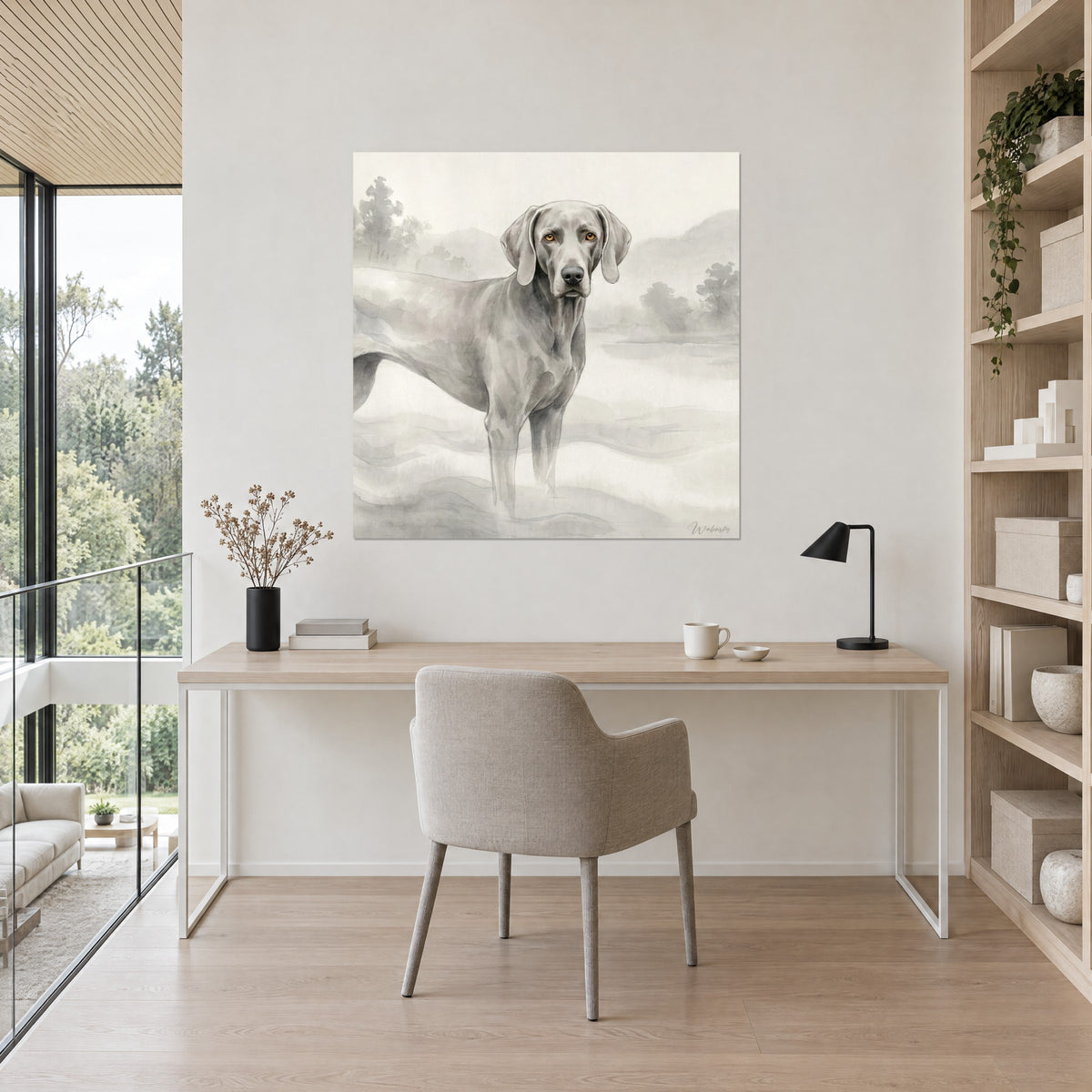 Πίνακας Weimaraner όρθιος μέσα στην ομίχλη, χρώμα ατσαλιού, κεχριμπαρένιο βλέμμα, πάνω από γραφείο από ανοιχτόχρωμο ξύλο και μαύρη λάμπα