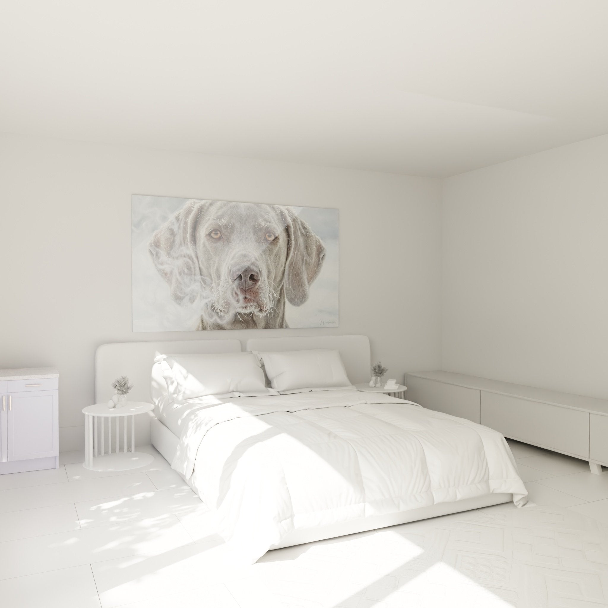 Tableau Braque de Weimar gris dans chambre moderne, décoration murale chien neige portrait