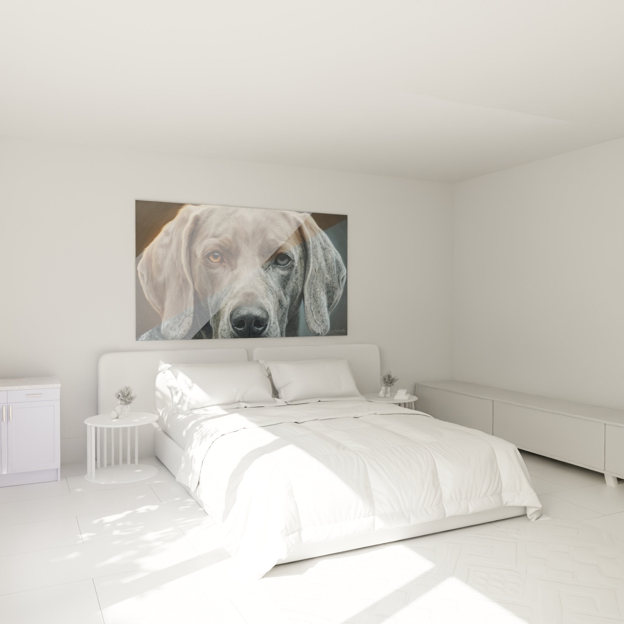 Tableau portrait chien braque weimar yeux vairons decore chambre moderne mur blanc lit coussins gris