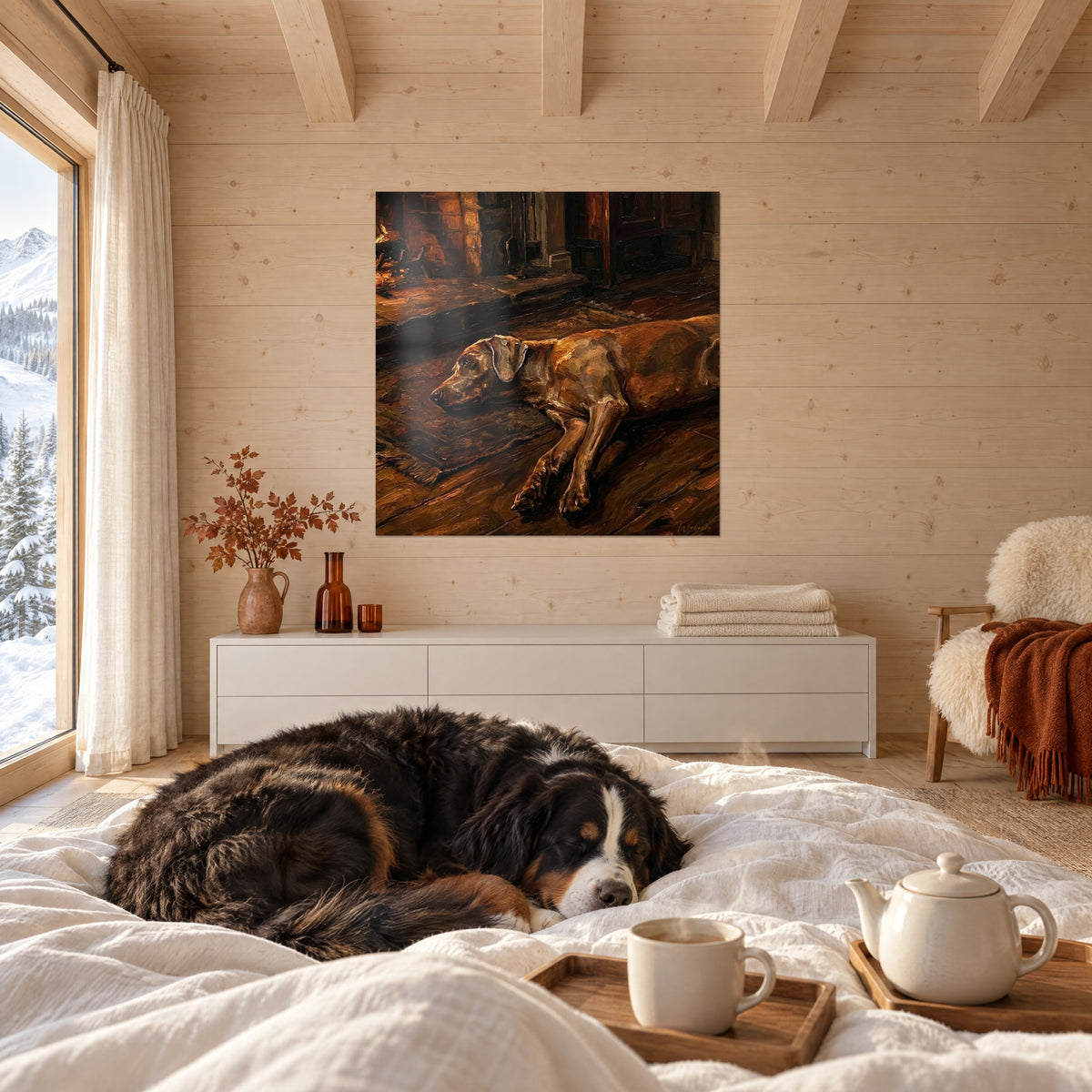 Tableau lévrier au repos devant un foyer, robe fauve et ombres brun sombre, au-dessus d'un lit dans une chambre claire