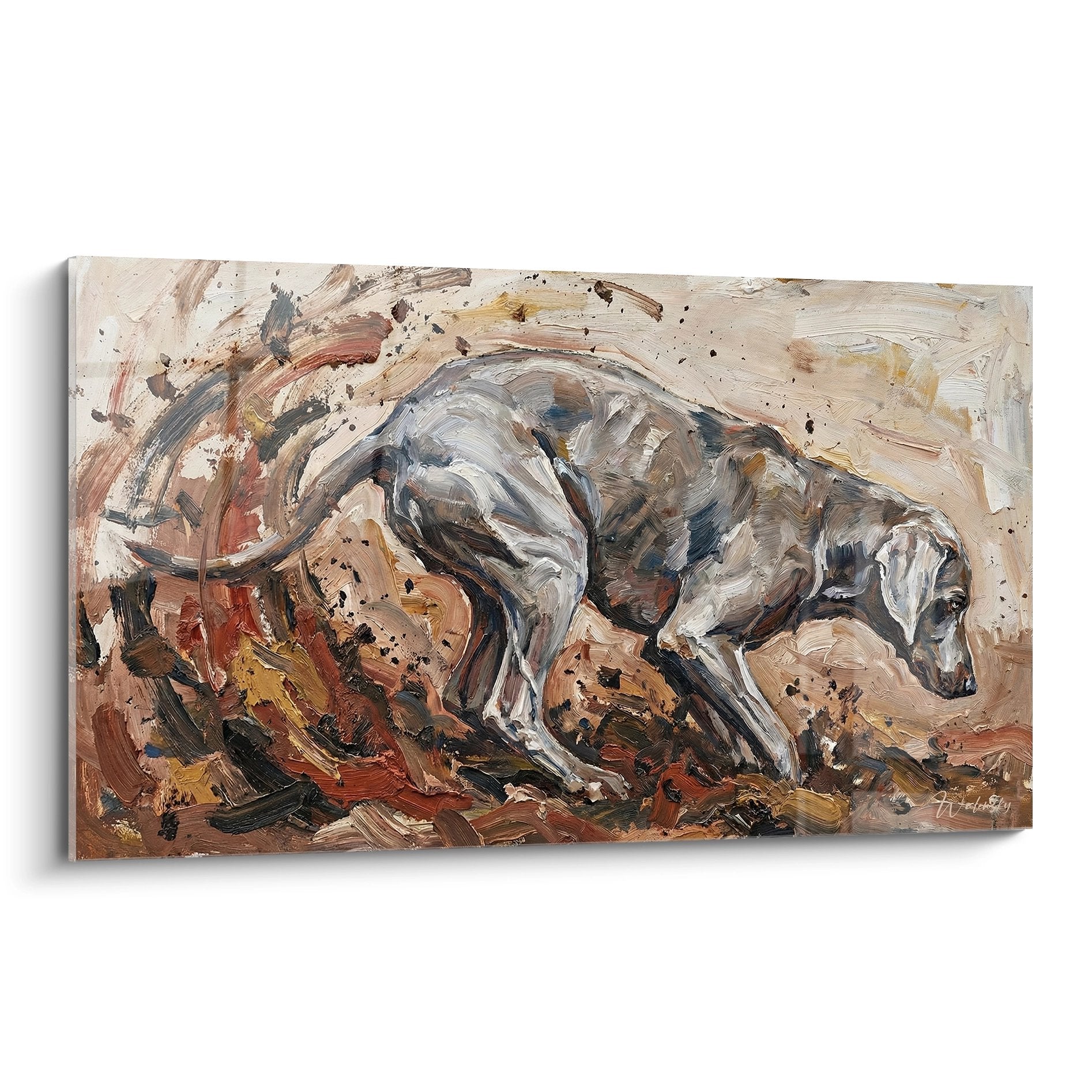 Peinture expressive d'un Braque de Weimar couché, tons bruns et gris avec projections artistiques