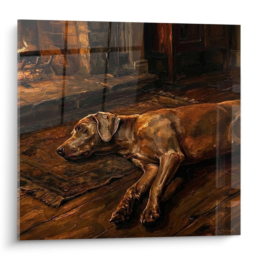 Gemälde Liegender Hund am Kaminrand - Ruhe am Feuer - Weimaraner-Edition