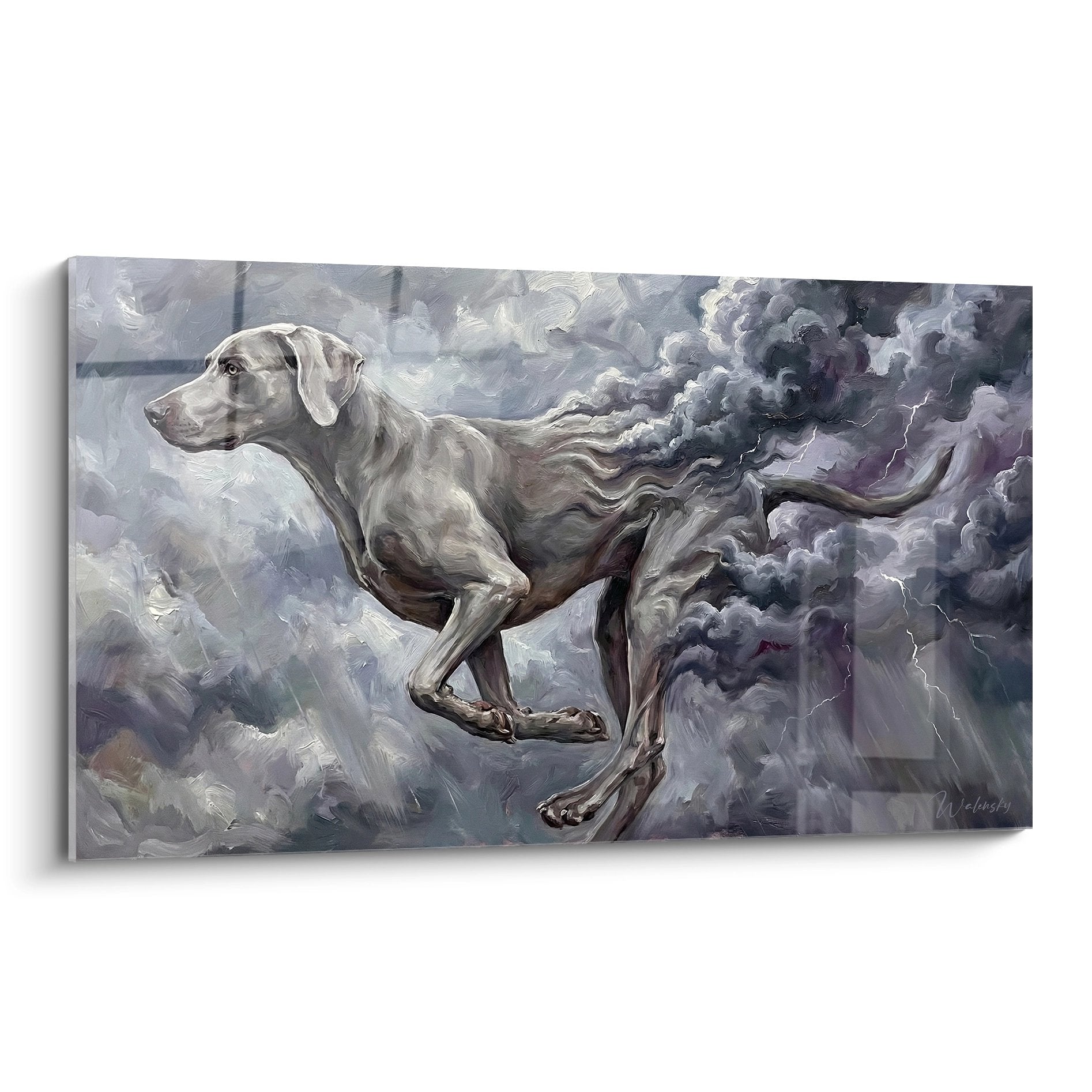 Tableau d'art mural Braque de Weimar bondissant dans ciel orageux aux tons gris et violets, style pictural dynamique