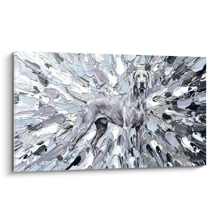Tableau Chien Gris aux Tons Lavande dans Éclatement Artistique - Explosion Colorée - Edition Braque de Weimar