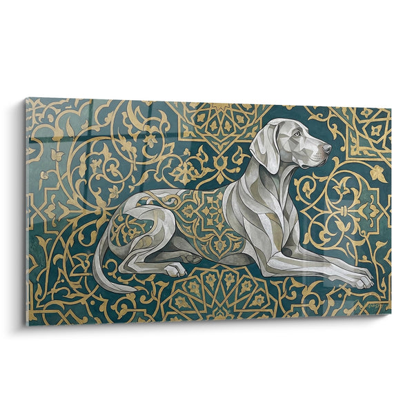 Cuadro de Perro Gris con Motivos Dorados Orientales - Majestad Decorativa - Edición Braco de Weimar