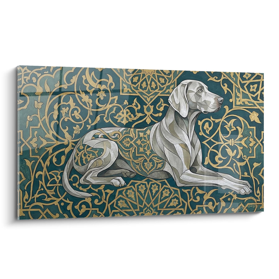 Tableau Chien Gris aux Motifs Dorés Orientaux - Majesté Décorative - Edition Braque de Weimar