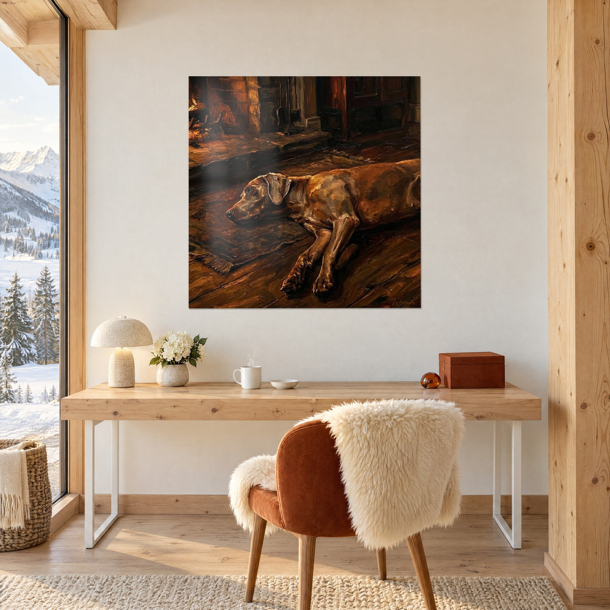 Tableau chien paisible sur un tapis usé, flamme jaune au fond et boiseries brunes, au-dessus d'un bureau en bois clair
