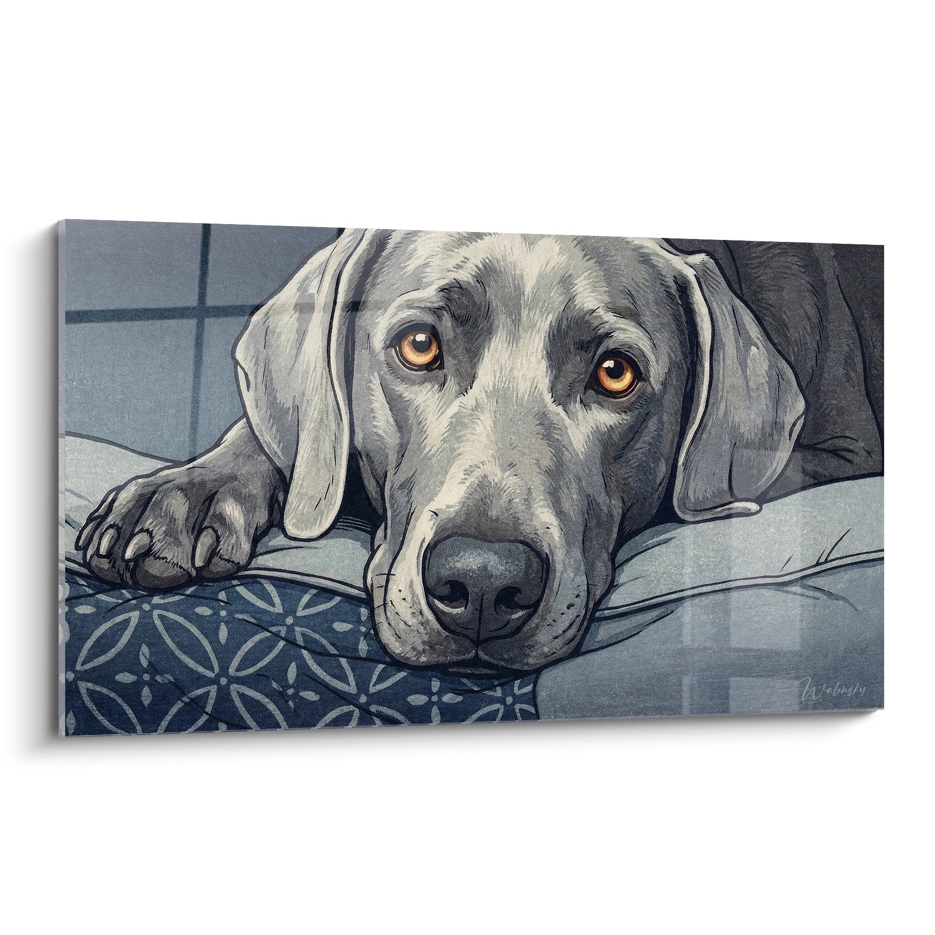 Tableau braque de weimar gris aux yeux ambres allonge sur coussin bleu motif floral regard tendre