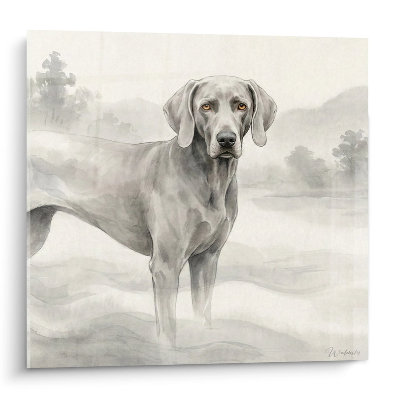 Quadro Bracco di Weimar Grigio con Occhi Dorati nel Paesaggio Nebbioso - Ritratto Canino Acquerellato - Edizione Bracco di Weimar