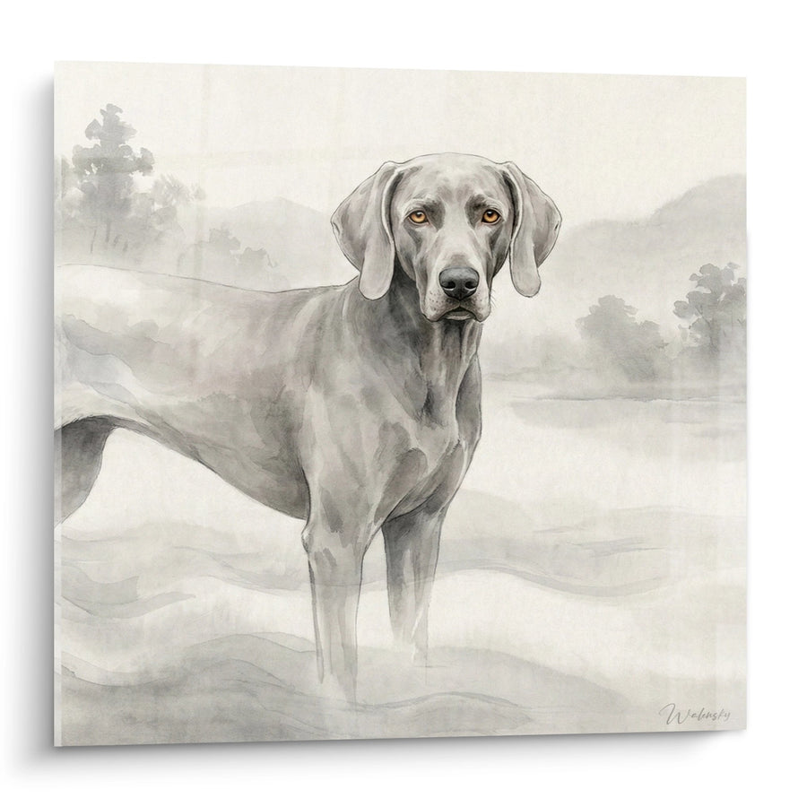 Tableau Braque de Weimar Gris aux Yeux Dorés dans Paysage Brumeux - Portrait Canin Aquarellé - Edition Braque de Weimar