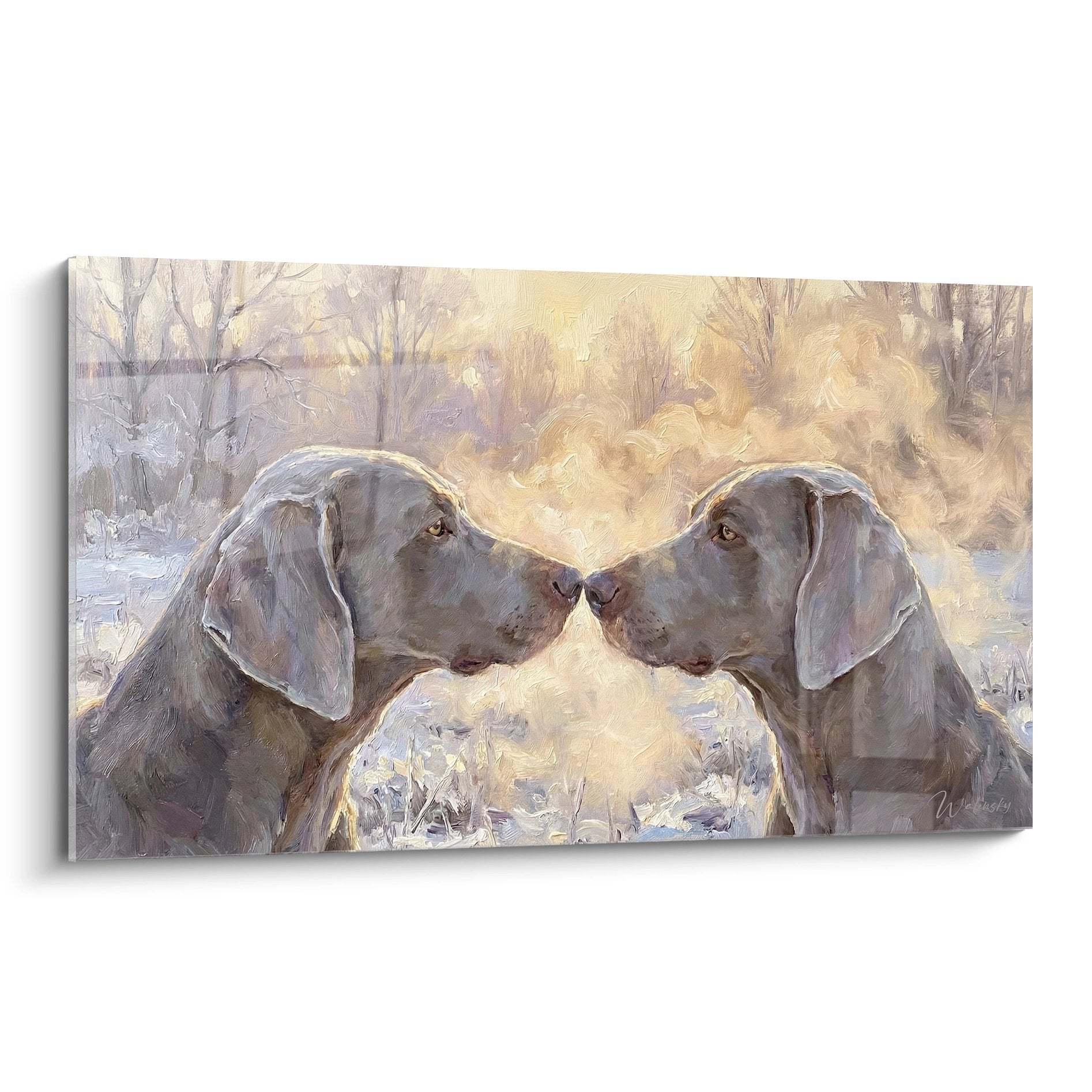 Tableau de deux Braques de Weimar gris se touchant tendrement dans un paysage hivernal aux tons dorés