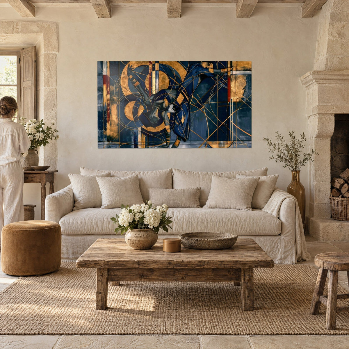 Wall art breakdancer in an inverted handstand, navy outfit and gold jewellery, copper lines, above a sofa in a bright living room