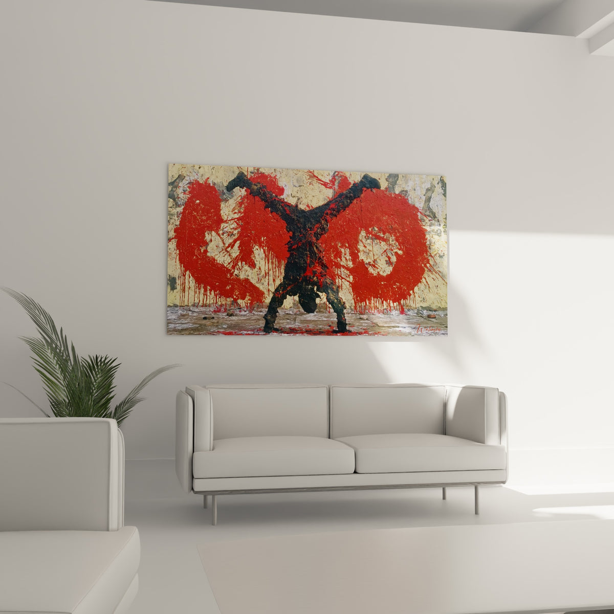 Figure breakdance en mouvement, noir et rouge écarlate, au-dessus d'un canapé dans un salon lumineux