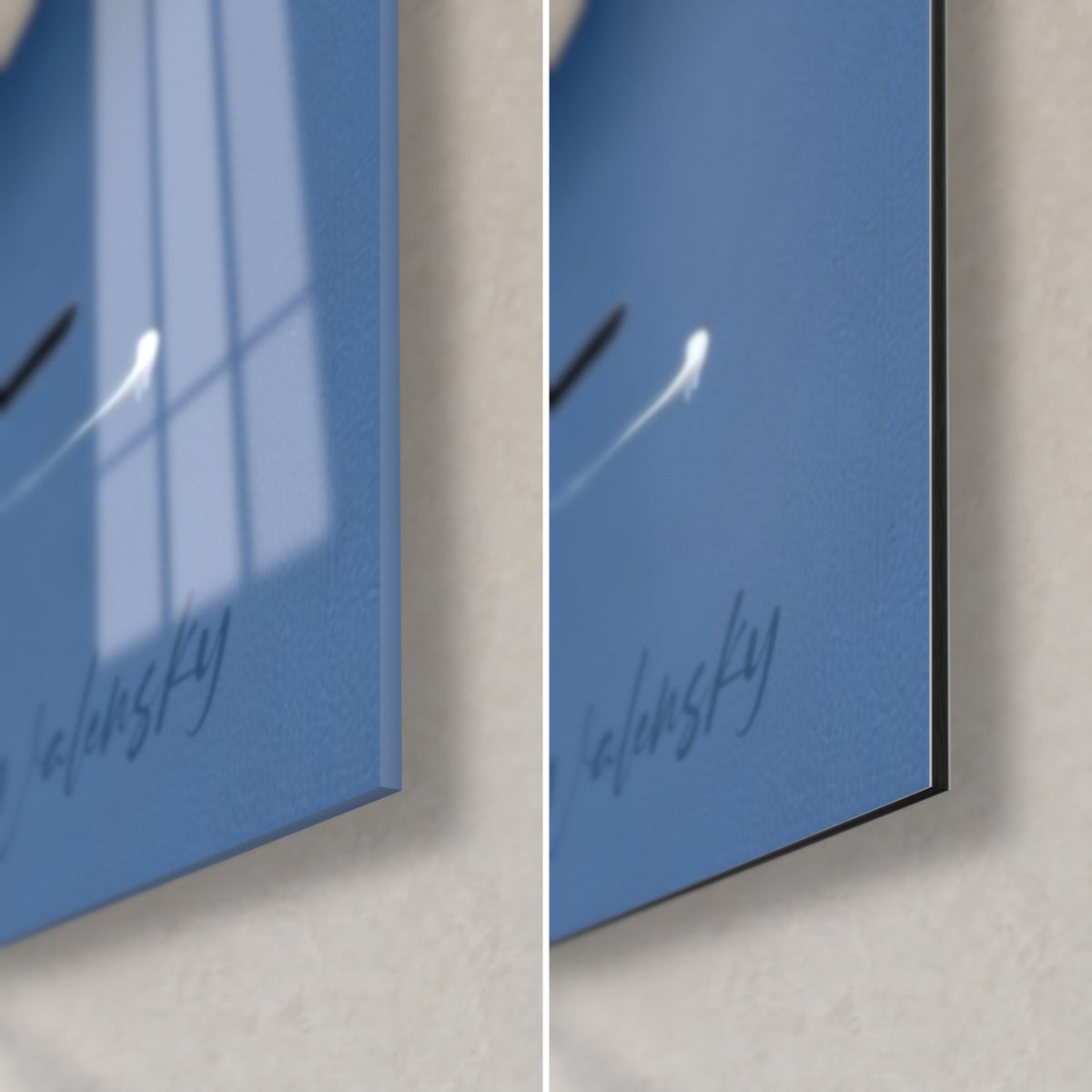 Tableau b-boy aux éclaboussures jaunes et bleu nuit, coin bas droit, signature Walensky, verre brillant et Dibond mat