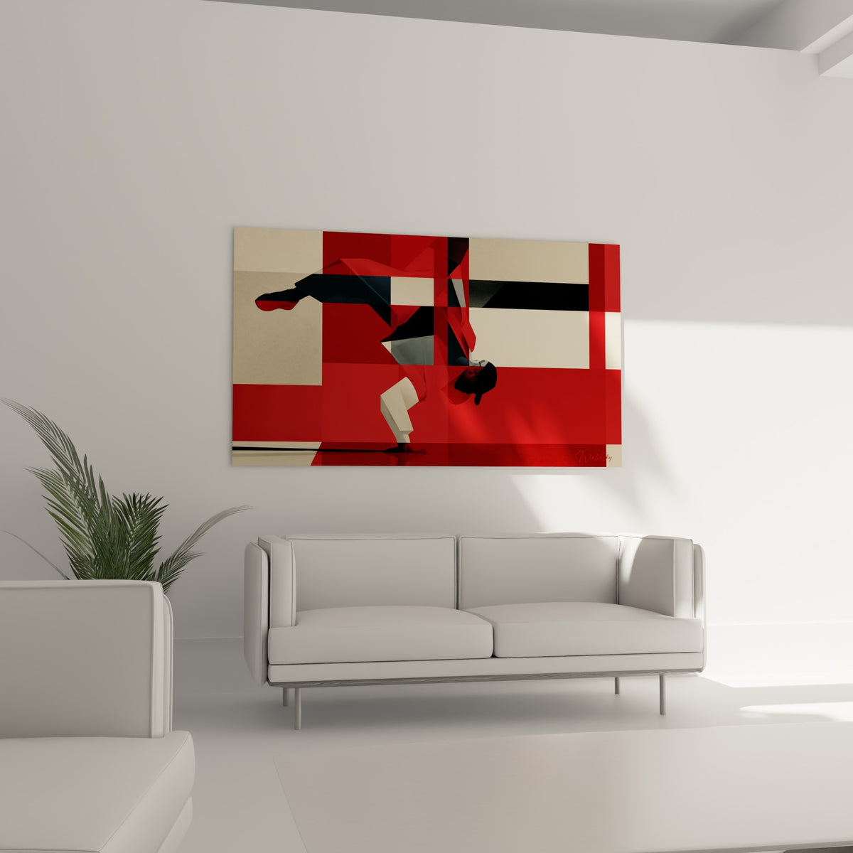 Figure de breakdance rouge, beige et noire aux formes fragmentées, au-dessus d'un canapé dans un salon lumineux