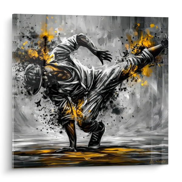 Tableau Danseur casquette grise aux éclaboussures dorées - Jambe tendue en hauteur - Edition Breakdance