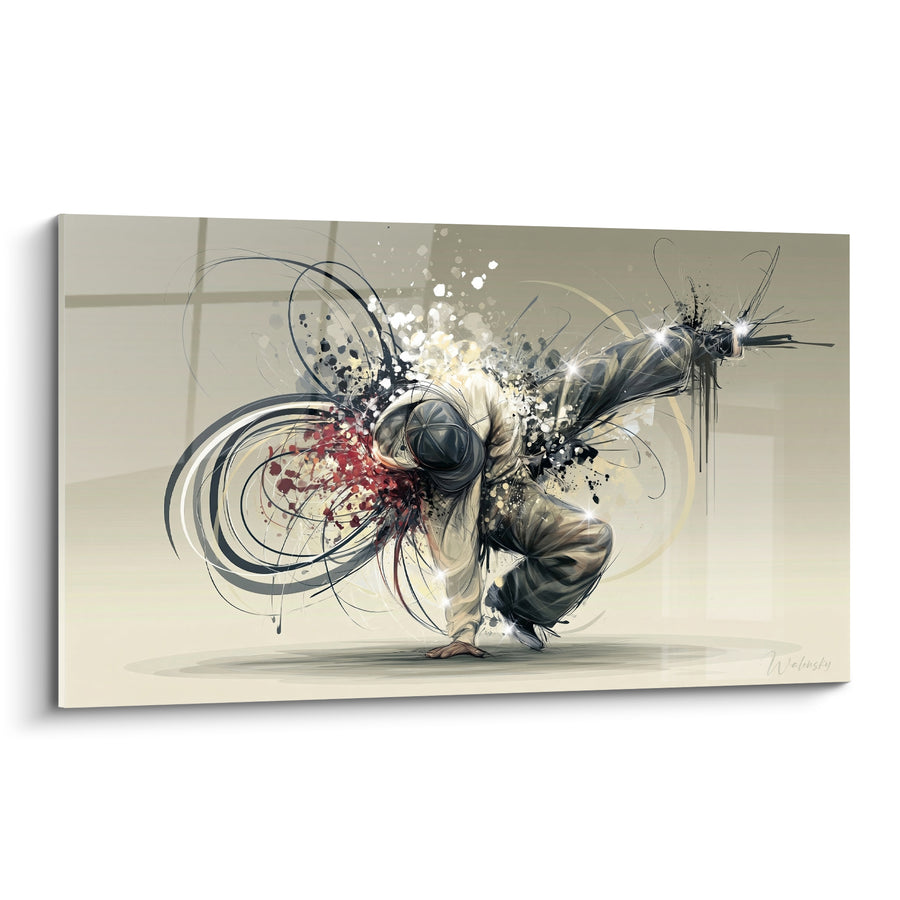 Tableau Danseur noir et blanc en tourbillons d'encre - Éclats lumineux dispersés - Edition Breakdance