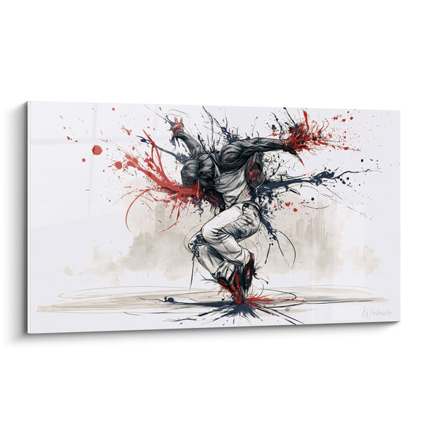 Tableau Danseur gris et rouge silhouette urbaine estompée - Éclaboussures encre fragmentées - Edition Breakdance