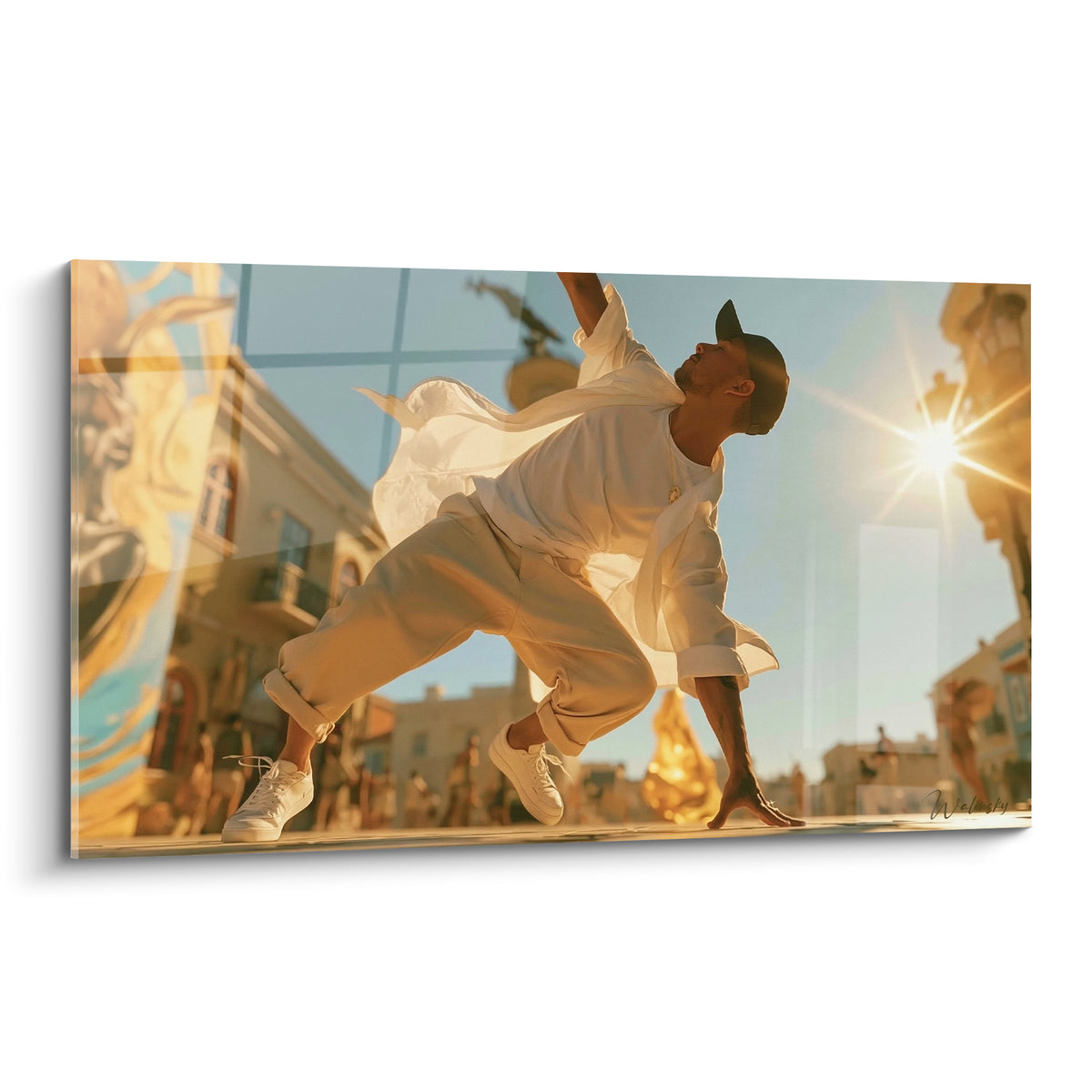 Danseur Breakdance en tenue blanche figé en pleine figure, ciel bleu et lumière dorée éclatante