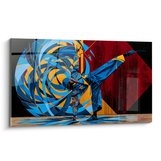 Tableau Danseur bleu et doré en spirale tourbillonnante - Losange rouge en fond - Edition Breakdance