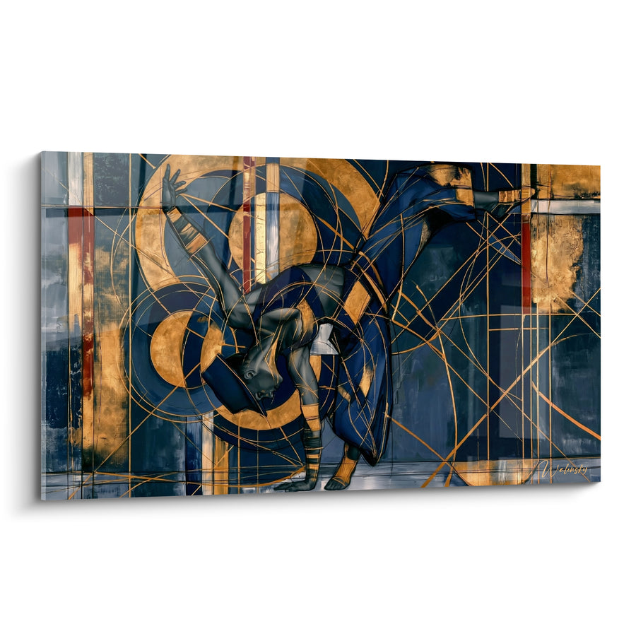 Tableau Danseur bleu marine et doré en appui renversé - Lignes géométriques entrecroisées - Edition Breakdance