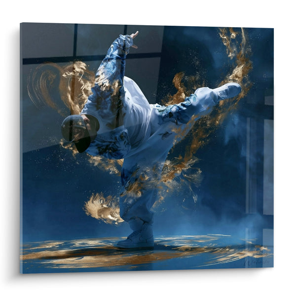 Tableau Danseur bleu et doré en équilibre - Envol figé - Edition Breakdance
