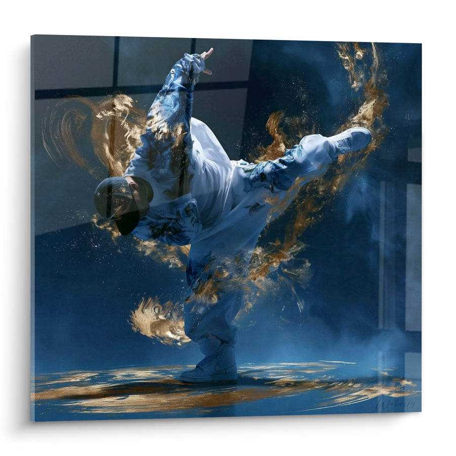 Tableau Danseur bleu et doré en équilibre - Envol figé - Edition Breakdance