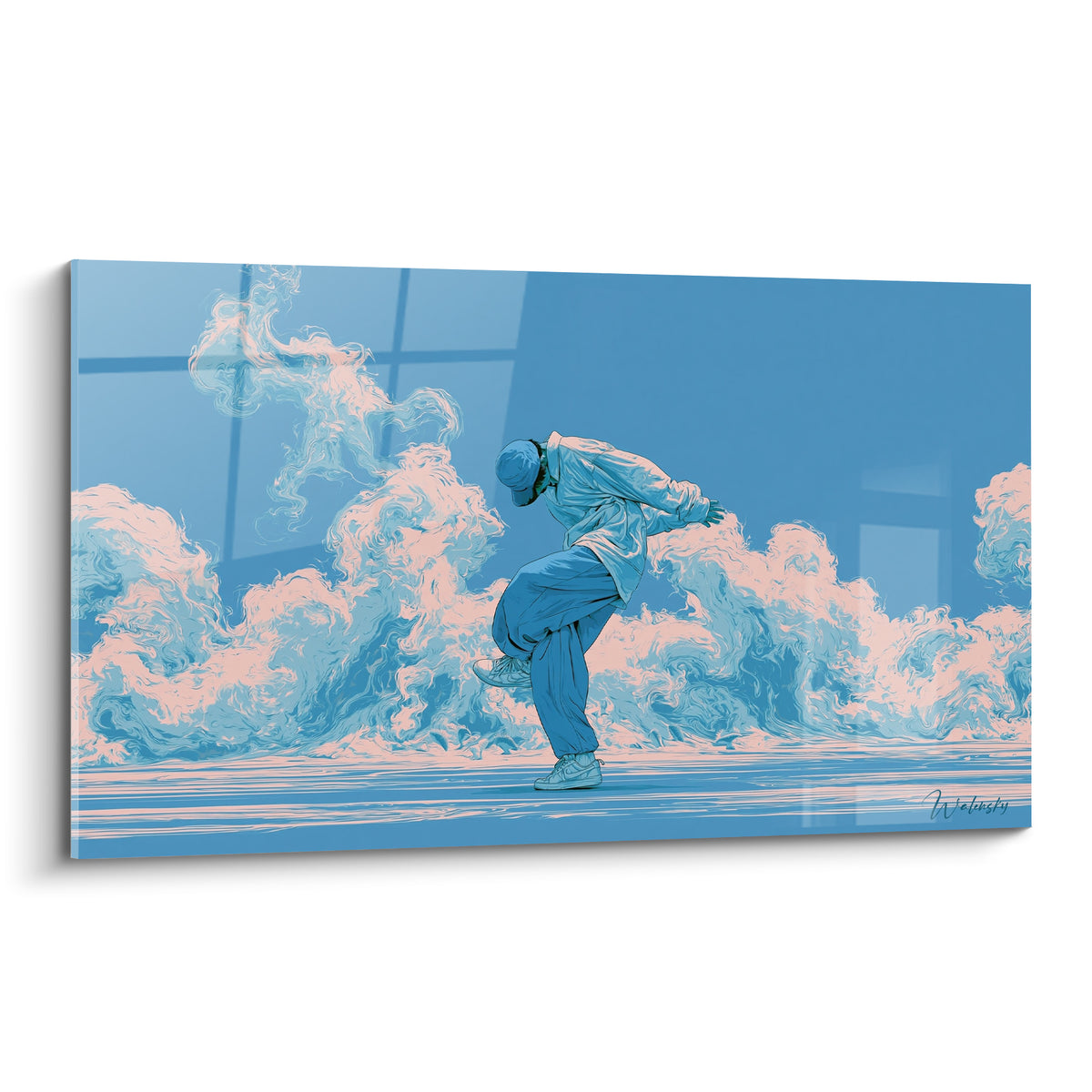 Danseur breakdance bleu marine en freeze, fumée rose poudré, style graphique épuré