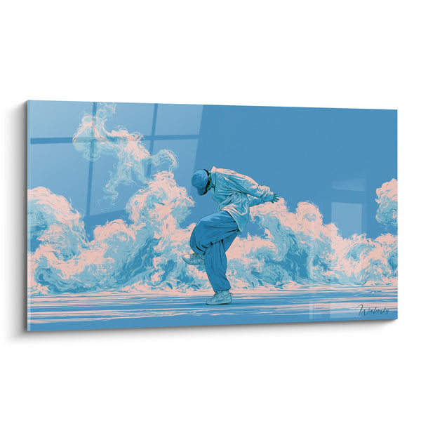 Tableau Danseur bleu et rose parmi les vagues d'écume - Fenêtre à carreaux embuée - Edition Breakdance